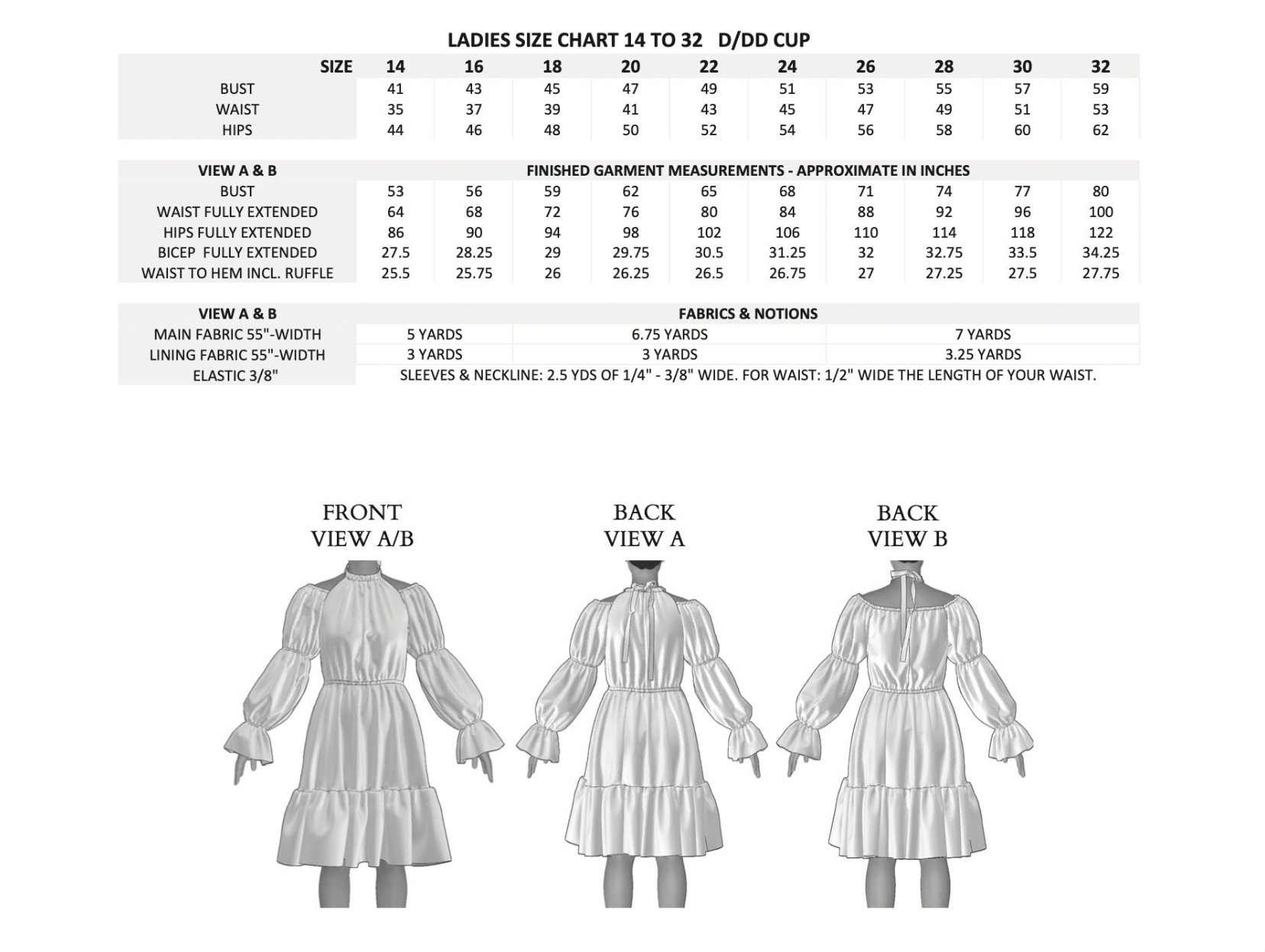 Ladies size chart with dress measurements and views on a white background