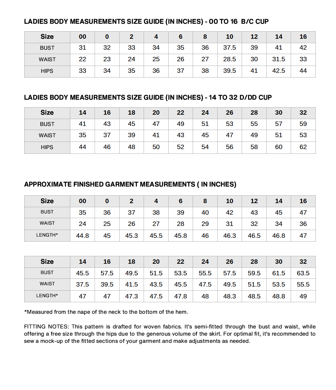 Sizing Chart for Academia Dress