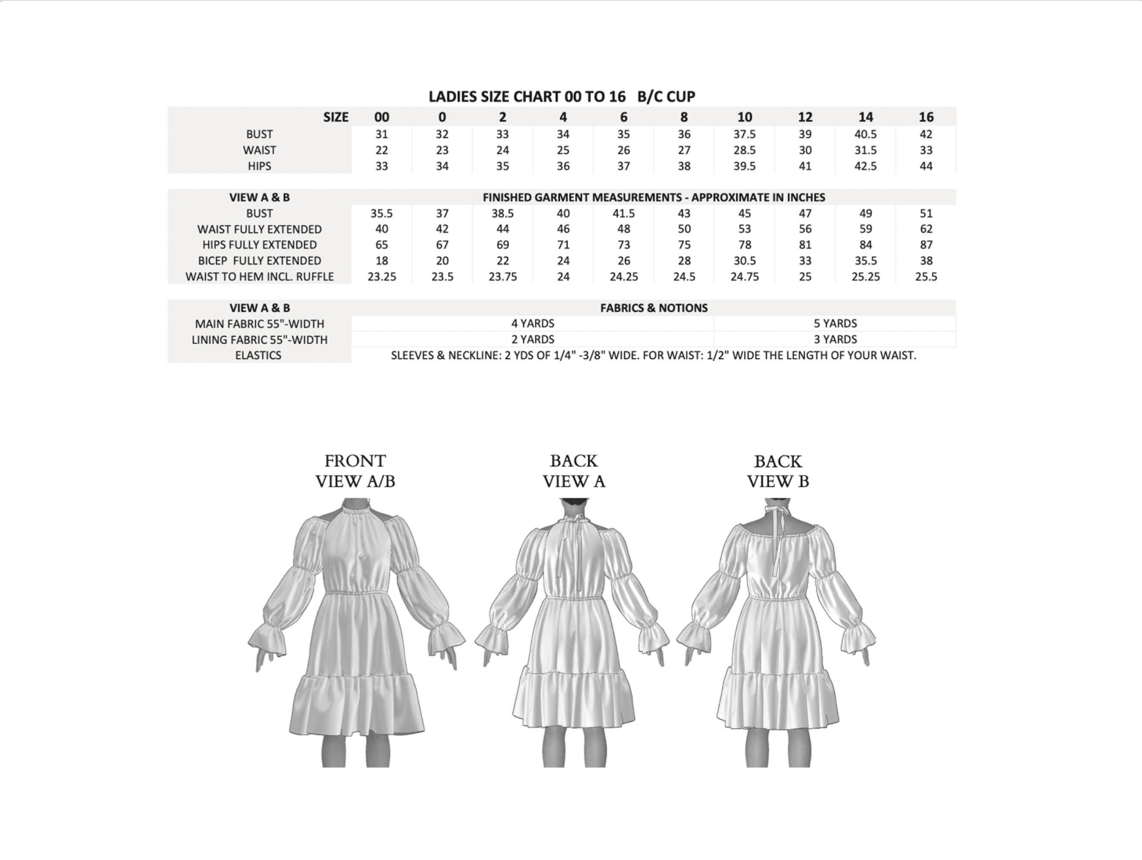 Ladies size chart and dress views on a white background