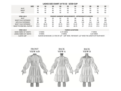Ladies size chart with dress measurements and views on a white background